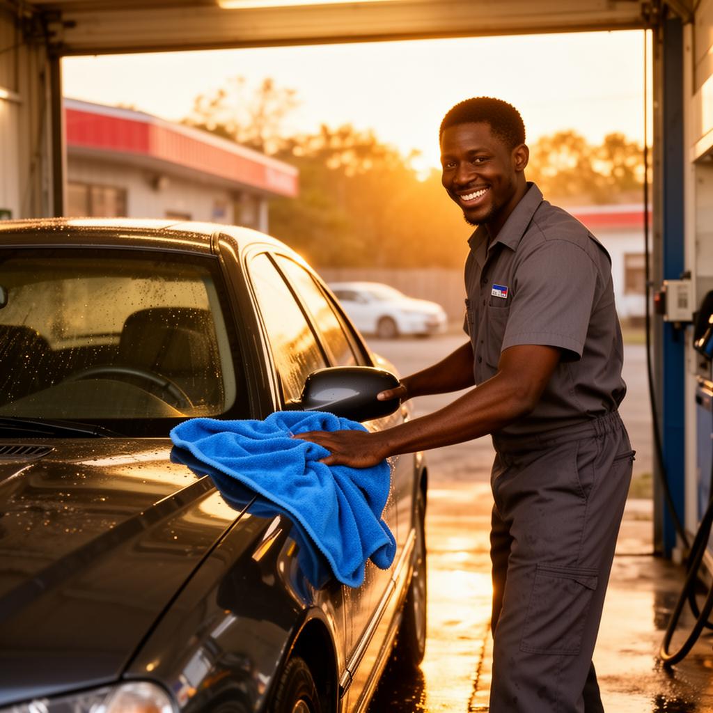 Kelly Car Wash team hand-drying a customer's car at sunset